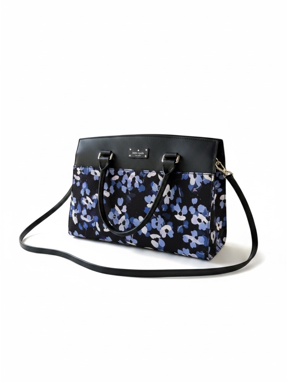 Kate Spade New York Floral Tote Bag Black Leather Top Blue Flower Print - Picture 3 of 10
